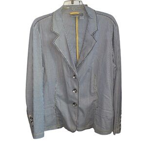 Chico's Seersucker Striped gray white yellow Yachtie Blazer coastal classic